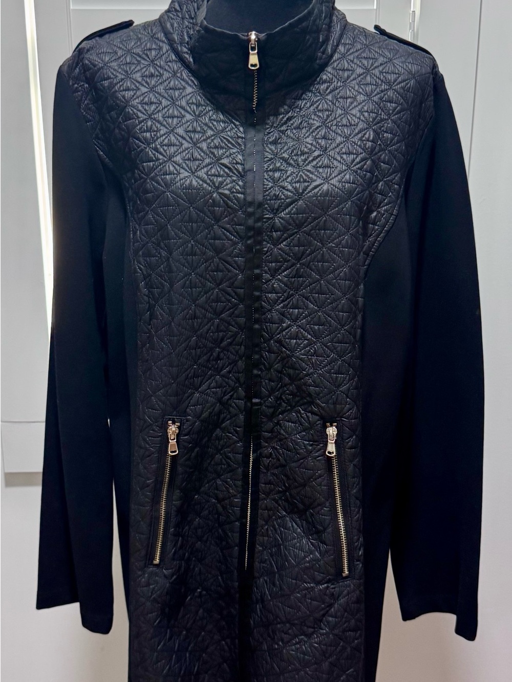 Luii Black Quilted Long Leather-Effect Jacket with Gold Zippers